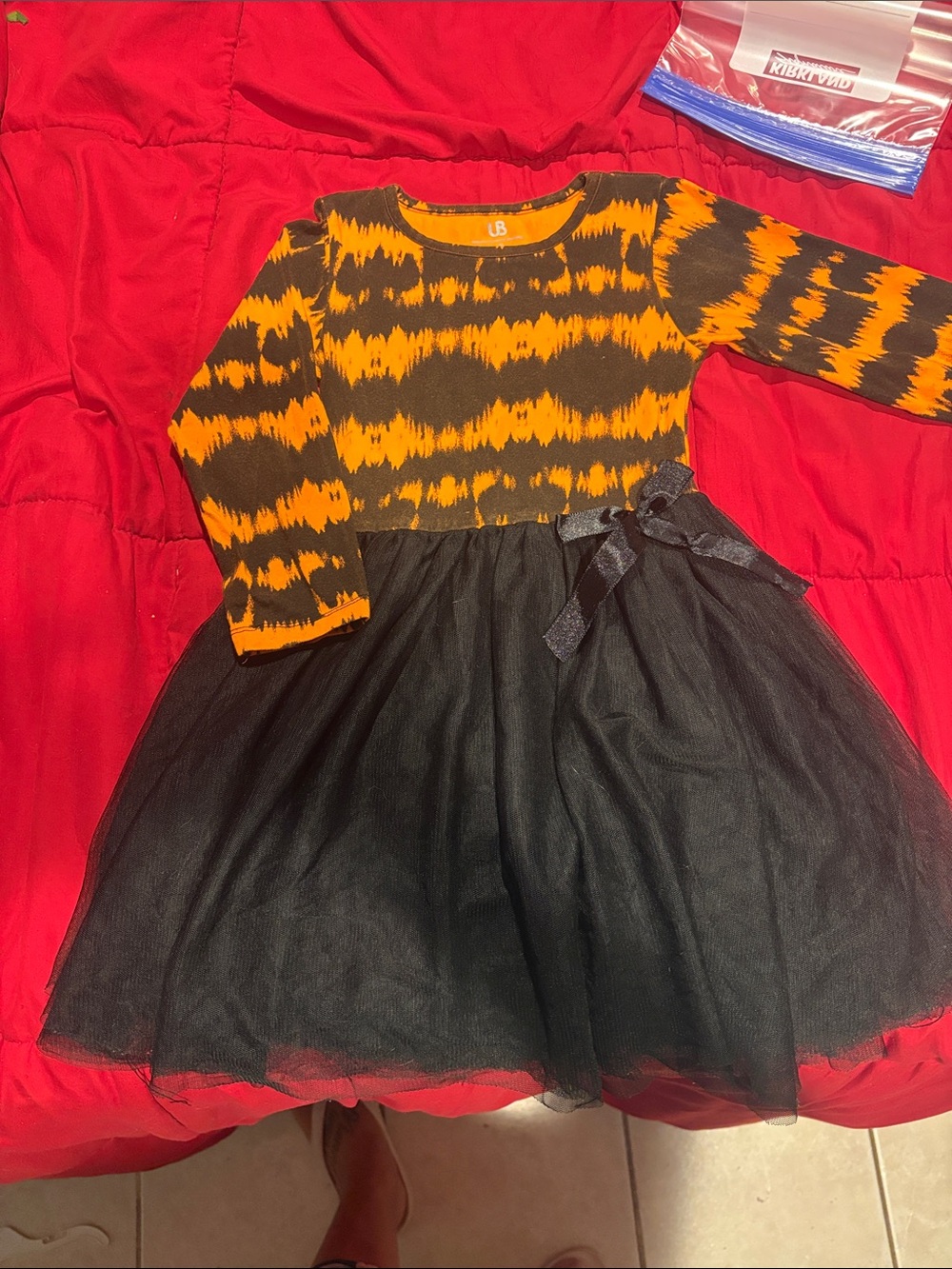 Girls' Orange and Black Tie-Detailed Tulle Dress